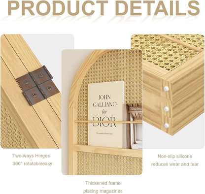 Rattan Room Divider with Built-in Bookshelf | Foldable Privacy Screen & Portable Partition for Home Office, Bedroom, Reading Nook | Wooden Frame, Freestanding Design (Natural-Rattan)