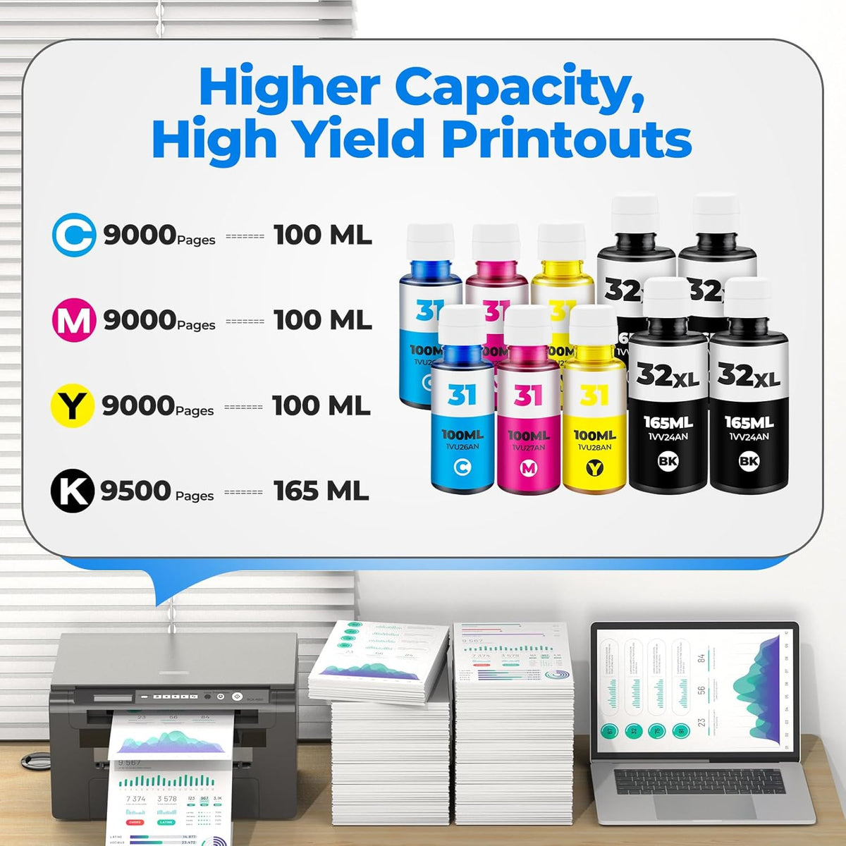31 32XL Ink Bottle Set for Smart Tank Ink 5101 7602 5000 5103 651 6001 7301 7001 Compatible with HP 31 32XL Ink Bottle Set for Smart Tank 5000 5101 7602 7301 7001 5102 7002 7006 551 Printers, 10 Packs