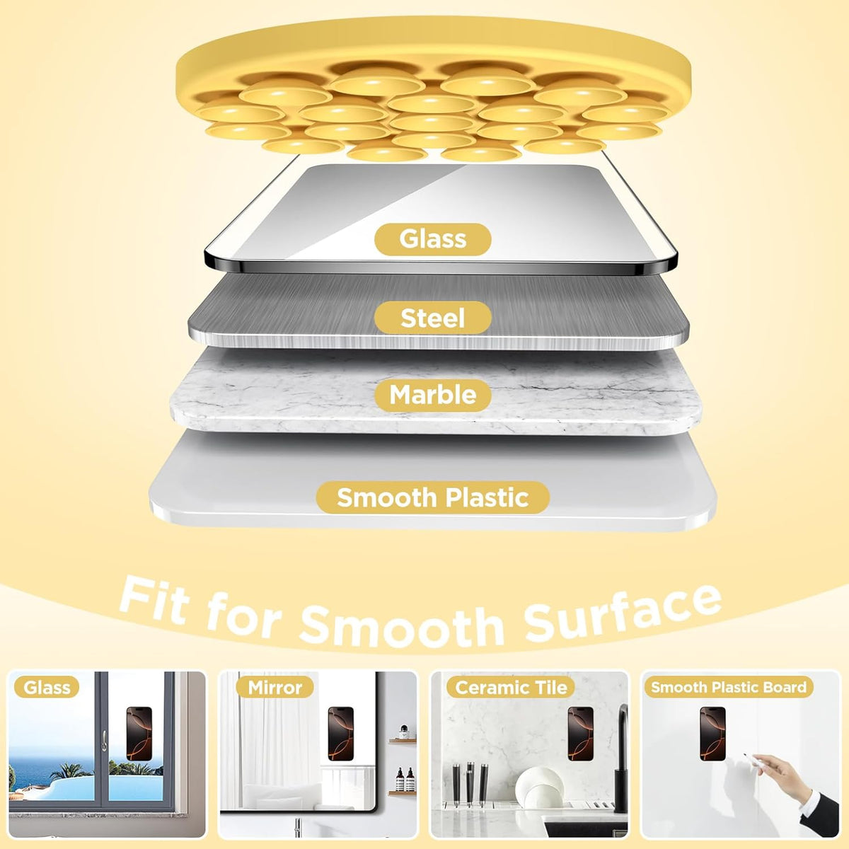 Magnetic Suction Cup Phone Mount for MagSafe Case, Silicone Hands-Free Grip Holder for iPhone and Android, Mirror Shower Phone Stand for Makeup FaceTime Gym Kitchen Bathroom, Yellow