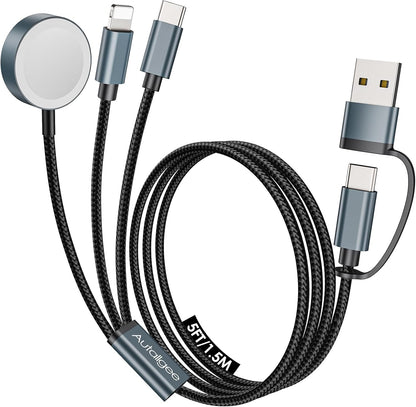 5FT iWatch Charger 3 in 2 for Apple Watch Charger Travel Essentials Multi Charging Cable Fast Charging Compatible with iWatch Series 10 /Ultra/SE/9/8/7/6/5/4/3/2/1 & iPhone 16/15/14/13/SE/Galaxy S24