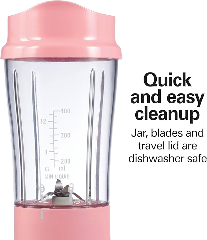 Hamilton Beach Portable Blender for Shakes and Smoothies, 14 Oz BPA Free Travel Cup & Lid, Durable Stainless Steel Blades, Personal Smoothie Blender, Coral (51171)