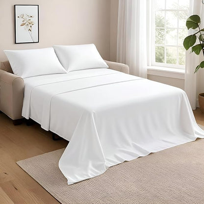 NON Sticky cotton Twin Size Sleeper Sofa Sheets, 4 Piece Egyptian Cotton Bed Sheet Set for Sofa Bed, 7" Deep Pocket for Pull Out Couch Mattress, 39" x 75", White Solid, Soft & Breathable