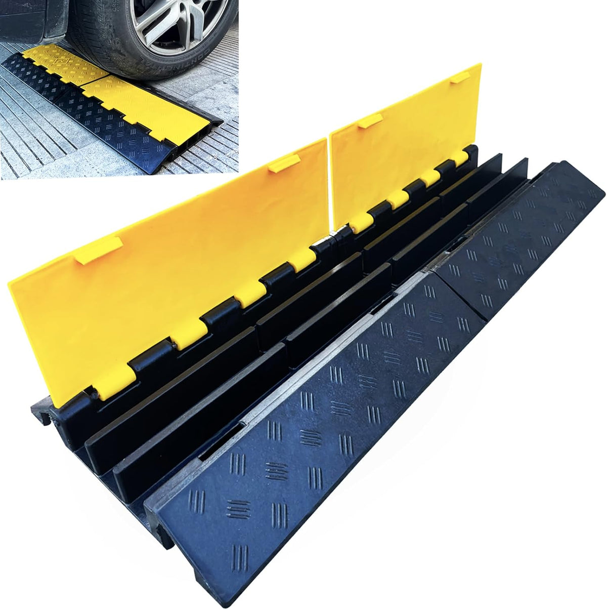Foldable 3 Channel Rubber Cable Protector, 22000Lbs Load Capacity Wire Hose Pipe Hider Protective Ramp, Driveway Traffic Speed Bump for Asphalt Concrete Gravel Driveway Indoor Outdoor (1PACK)