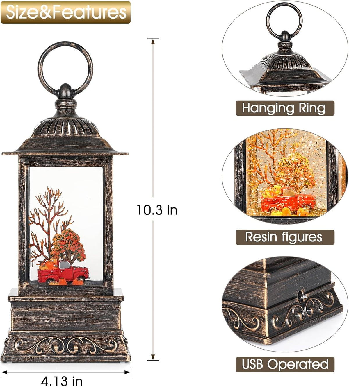 Fall Snow Globe Red Truck Lantern, Glitter Lighted Snow Globes Fall Decorations for Home, Light Up Snowglobe Fall Décor