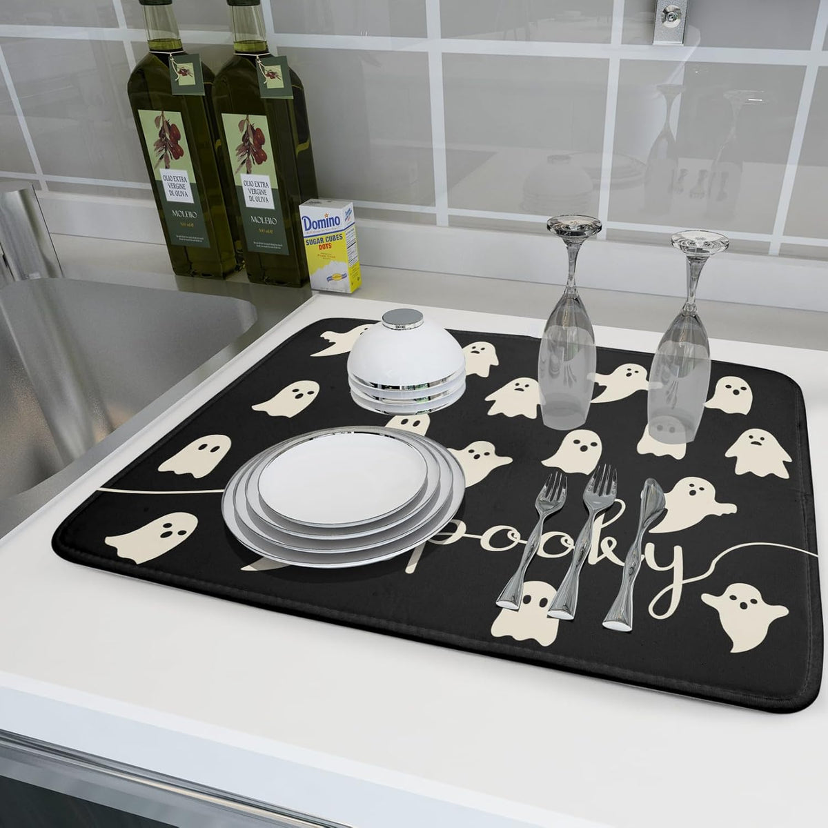 Halloween Dish Drying Mat for Kitchen Counter Spooky Ghost Holiday Super Absorbent Reversible Microfiber Kitchen Countertop Protector Dishes Pad Large 18x24 inch