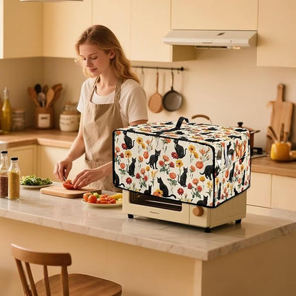 Black Cat Rose Daisy Floral Print Microwave Oven Cover with Storage Pockets Toaster Oven Dust Cover Universal Dustproof Kitchen Appliance Protector Suitable for Most Microwave Ovens, L