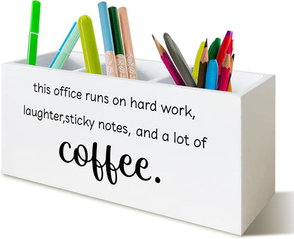 Funny Office Gifts Pen Holder for Desk, Work Humor Gifts for Coworkers Coffee Lovers, This Office Runs on Hard Work Wooden Pen Pencil Holder Organizer for Desk Accessories