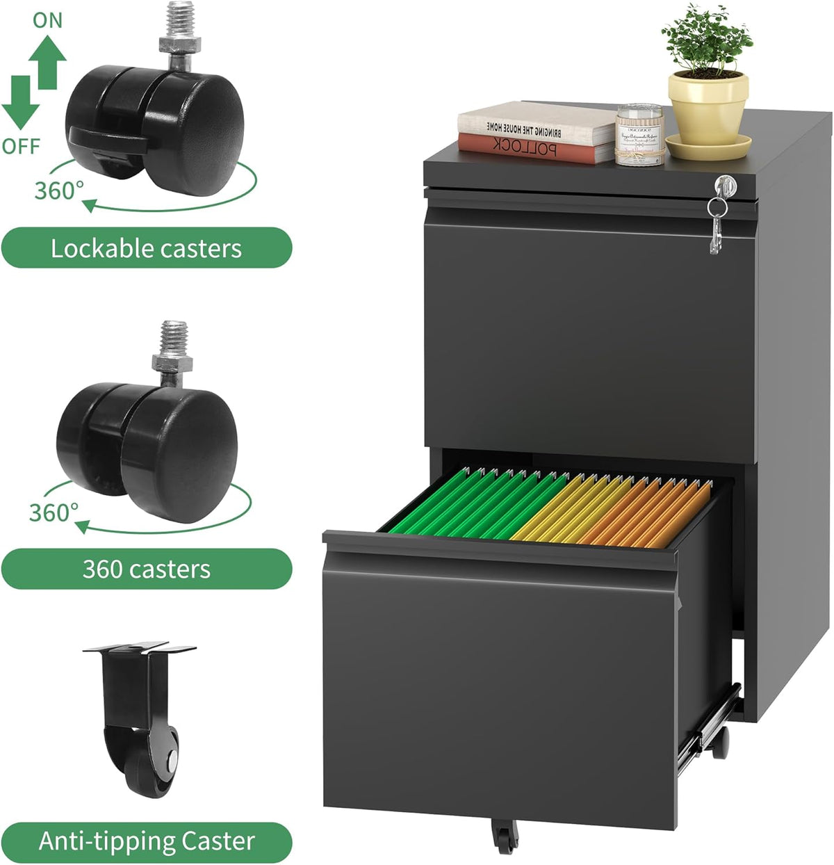2 Drawer Mobile File Cabinet, Filing Cabinet Home Office for Letter, Legal Size, Fully Assembled Under Desk File Cabinet, Blac