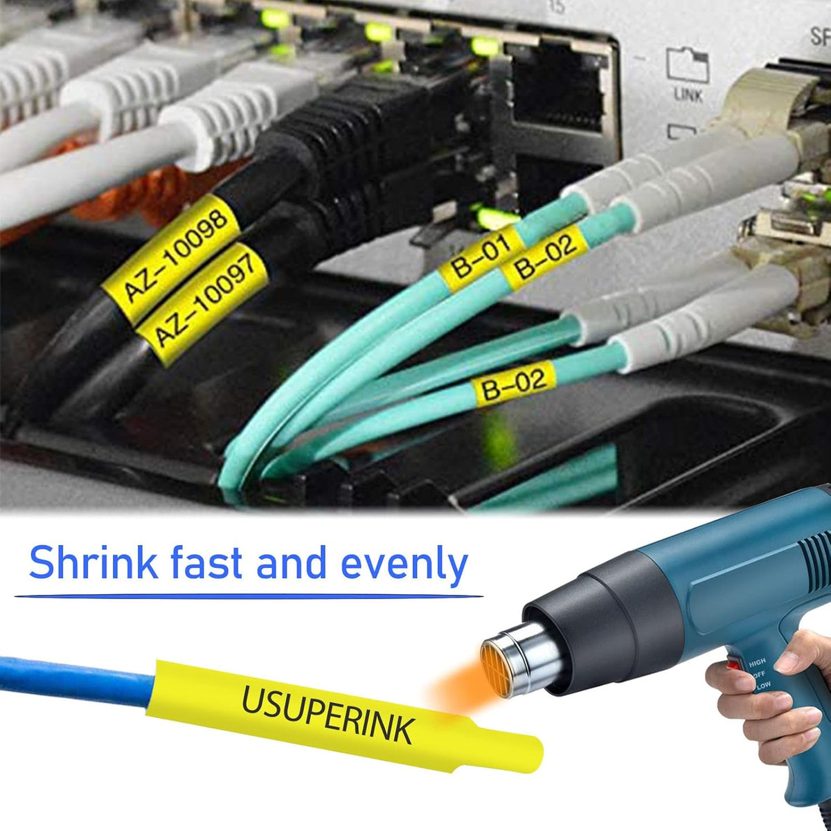 10PK Compatible for Ptouch HSe-641 HSe641 HS-641 HS641 Black on Yellow 17.7mm 0.69'' Heat Shrink Tubing for Wire Cable for PT9200dx PT9400 PT9500pc PT9600 Label Maker Tape