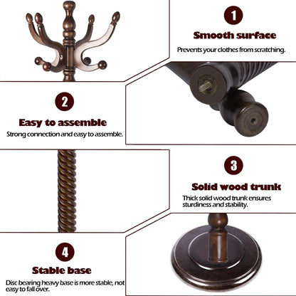Coat Racks Free Standing with 14 Hooks, Natural Wood Coat Stands for Entryway, Adjustable Height 73 in Tree Coat Rack Stand for Hallway Home Office Bedroom (Dark Brown)
