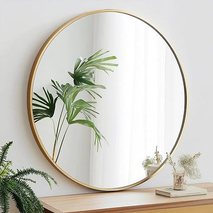 Oruii Gold Round Mirror 28 inch, Large Circle Mirror Gold Metal Frame, Golden Round Bathroom Mirrors, Circular Mirrors for Wall, Living Room, Dining Room, Entryway (Brass)