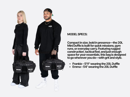 WOLFpak 20L Mini Duffle Bag for Gym & Travel | Waterproof Carry-On Weekender Bag with Shoe Compartment, Hard Bottom, and Tactical Molle System (Black with White Accents)