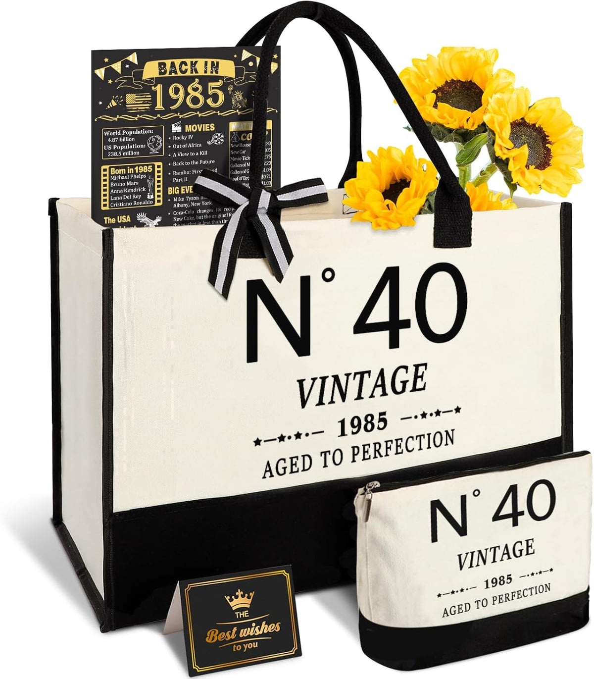 40th Birthday Gifts for Women Canvas Tote Bag Travel Gear, Unique 40 Years Old Birthday Gifts for Her Mom Wife Aunt Friends, Vintage N40 Handbag & Cosmetic Bag & Back in 1985 Poster