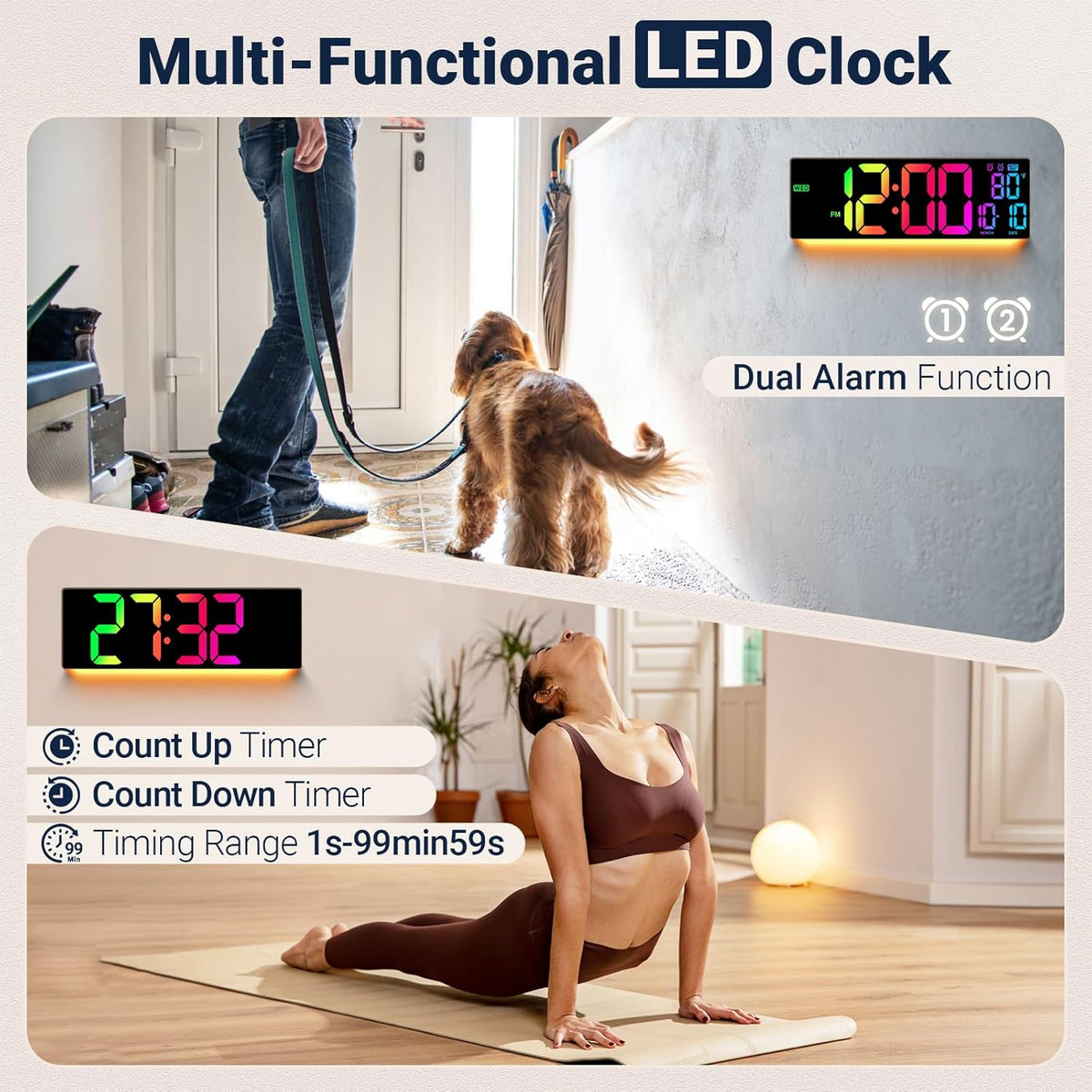 16.5" Large Digital Wall Clock: 11 RGB Colors Wall Mount Decor Clock for Living Room Bedroom Office Classroom, House Warming Gifts New Home Decor, Birthday Gifts for Men Women Brown
