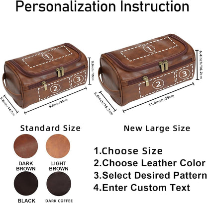 Personalized Leather Toiletry Bag For Men with Hook, Groomsmen Gifts Travel Bag Laser Engraved Name Monogram PU Gift For Him Husband Father Leather Dopp Kit with Side Handle