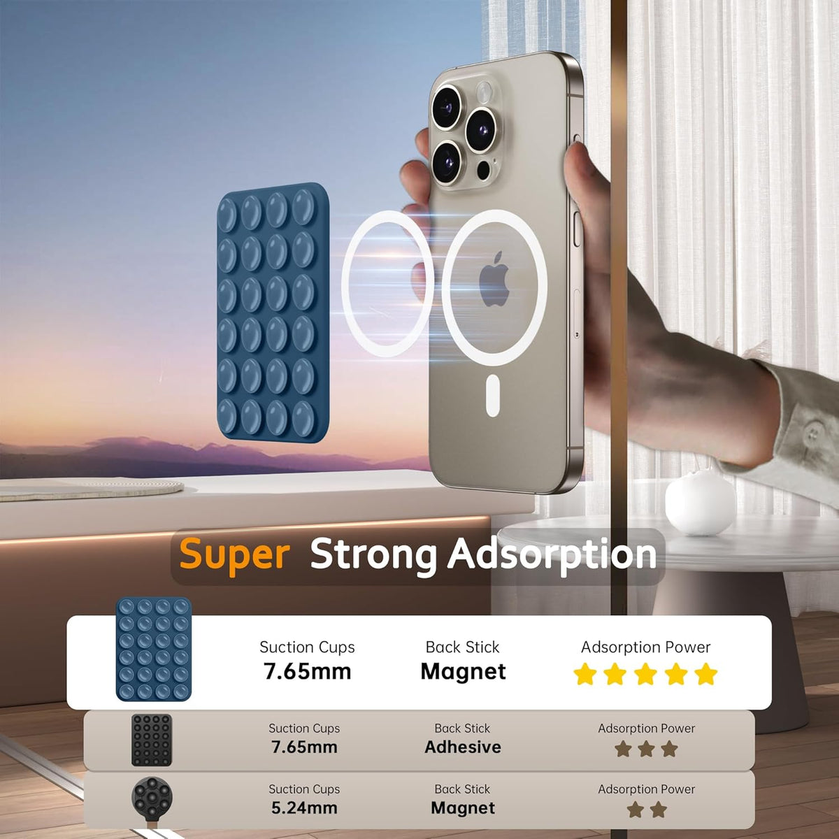 GONEZ Magnetic Suction Cup Phone Mount for MagSafe Case, Removable Silicone Sticky Grip for iPhone 12/13/14/15/16, Hands-Free Selfies and Videos for TikTok & Instagram Influencer/Creator, Ocean Blue