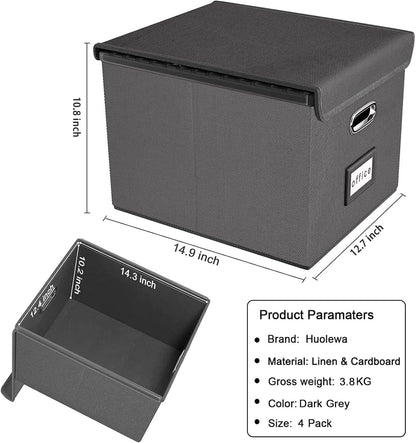 Huolewa File Organizer Box with Lid, Collapsible File Folder Organizer for Office Document Storage, Filing Box with Plastic Slide for Letter/Legal Size Hanging Files, Dark Grey