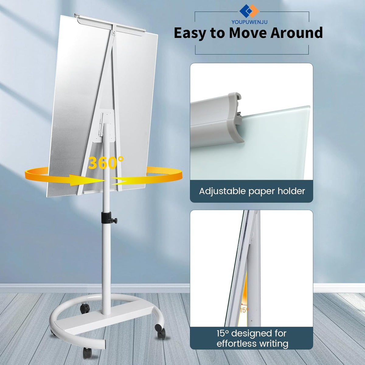 Rolling Writeboard Premium Tempered Magnetic Glass Whiteboard 40"x28" Rolling Dry Erase Board with Tempered Glass Surface Adjustable Height Multi-Use Standing (White)