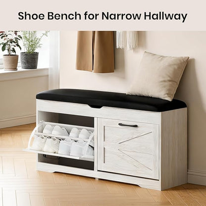 Shoe Storage Bench Cushion, Entryway Bench with Storage, End of Bed Shoe Benches, Small Shoe Rack Benches, Entry Way Shoes Cabinet for Entryway, Bedroom, Living Room, Farmhouse, White
