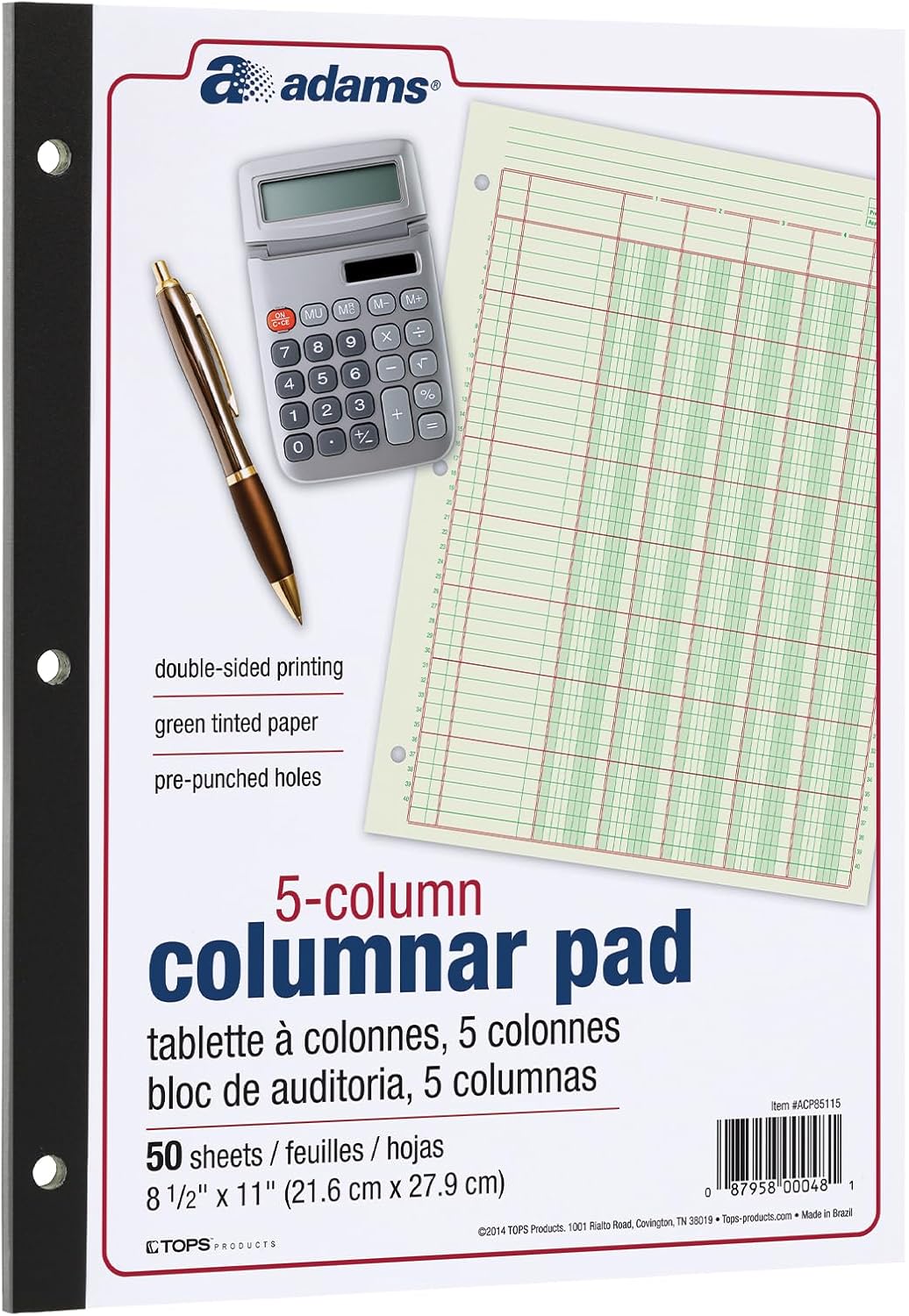 Adams Columnar Analysis Pad, 5 Column Ledger, 8.5" x 11", 100 Pages (50 Sheets), Green, 3 Hole Punch, for Accounting, Bookkeeping & Data (ACP85115)