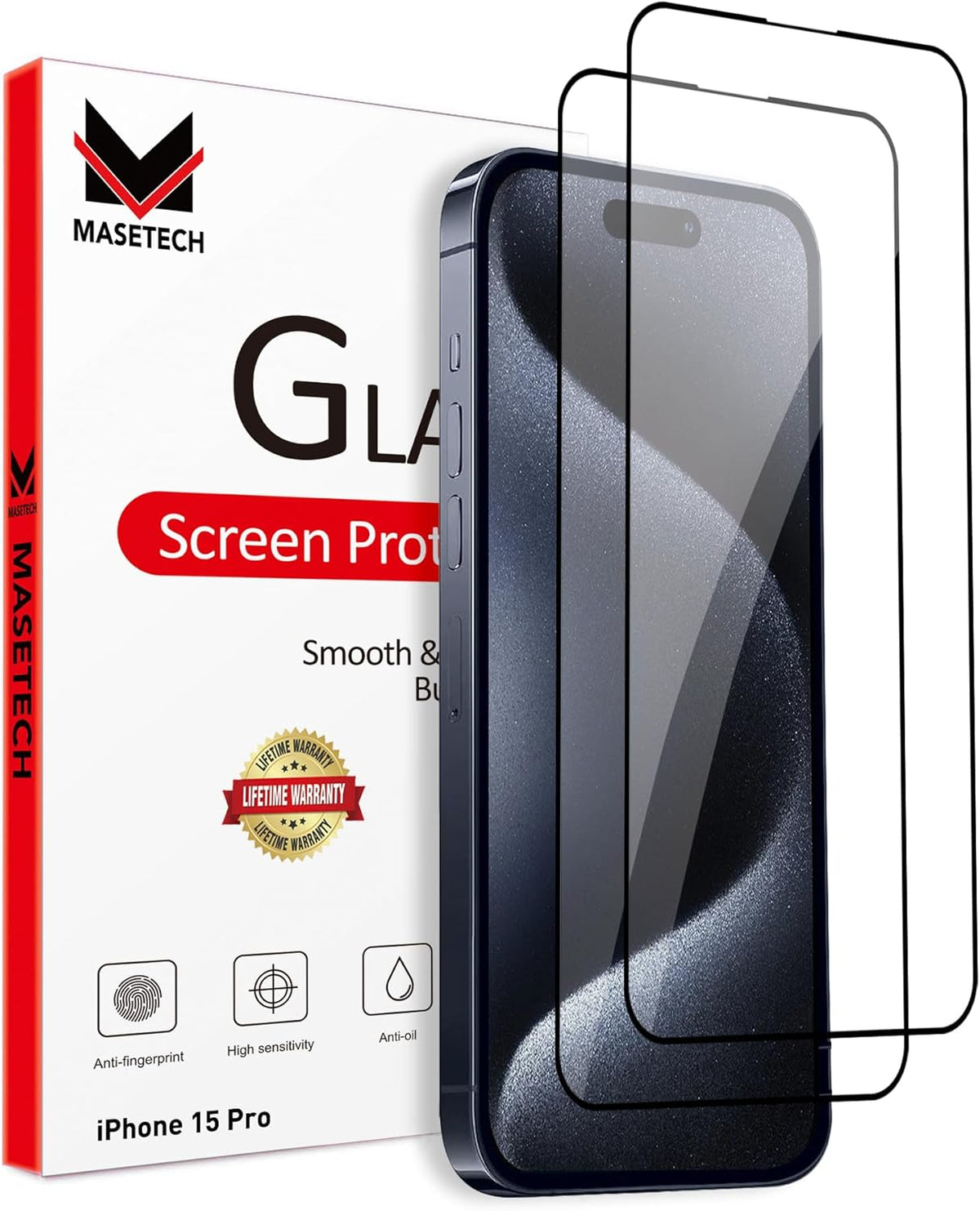 Screen Protector Tempered Glass Compatible with Apple iPhone 15 Pro (2 Pack)