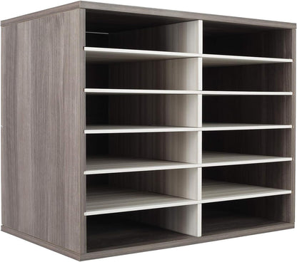 TQVAI Wood Adjustable Literature Organizer Desktop File Sorter Mail Center Paper Storage Cabinet Home & Office Mailbox School Classroom Keepers, 12 Slots Compartments, Retro Grey/White