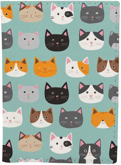 Cat Faces Passport Holder for Travel Tabby Kitten Grey Black White Yellow PU Leather Passport Cover Wallet Cute Passport Card Holder for Women and Men