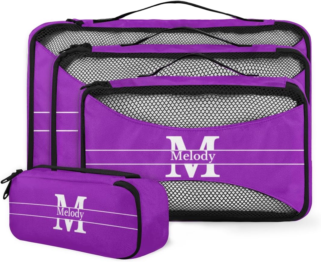 Personalized Packing Cubes, Set of 4 with Zipper Handles, Custom Name Initial Letter Travel Suitcases Luggage Packing Organizers, Initial Letter