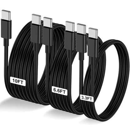 3-Pack Black [3.3FT+6.6FT+10FT] 60W USB C to USB C Cable, Type C Fast Charging Cable for iPhone 16 15 Pro Plus Pro Max，for Galaxy S24 S23, for iPad Pro/Air, for MacBook Pro/Air and More