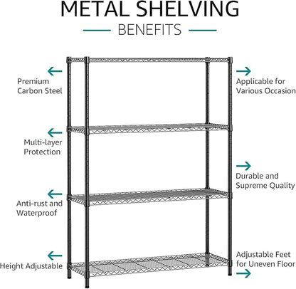 IZEUK 1400 LBS Garage Black Shelving Wide Storage Shelves 4 Tier Adjustable Heavy Duty Metal Wire Rack Standing Shelf Unit for Kitchen Office College Dorm Garage Warehouse 15.8" x 45.8"x 59.4"