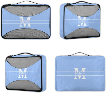 Custom Name 4 Pcs set travel luggage organizer Mesh Travel Essentials for Suitcases, Light Sky Blue with Initial Letter