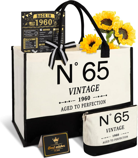 65th Birthday Gifts for Women Canvas Tote Bag Travel Gear, Unique 65 Years Old Gifts for Wife Sister Mom Aunt Friends Her, Vintage N°65 Handbag & Cosmetic Bag & Back in 1960 Poster