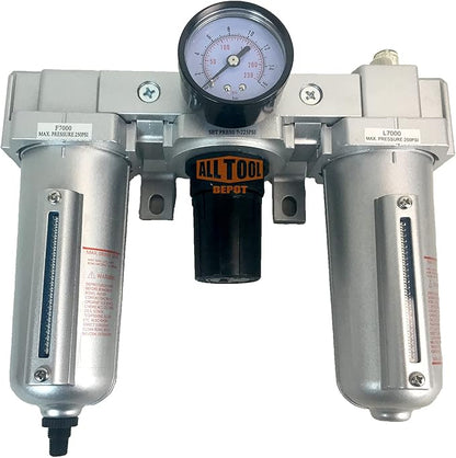 1/2" NPT HEAVY DUTY Compressed Air In Line Filter Regulator Lubricator Oiler Combo, Metal Bowl, 5 Micron Element, Adjustable From 7 to 175 PSI (AUTO DRAIN)