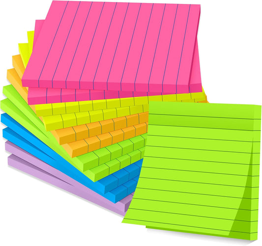 (12 Pads) Lined Sticky Notes 4x4 in Post, 6 Bright Colors with Lines Self-Stick Note Pads it, Strong Adhesive, 46 Sheets/Pad, 552 Sheets in Total