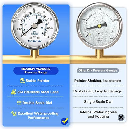 MEANLIN MEASURE 0~160Psi Dry Pressure Gauge Stainless Steel 1/8" NPT 2" FACE DIAL Waterproof for Air Compressor RV Regulator Water Pressure Tester Back Mount with 1/4" NPT and 3/8" NPT Hex Bush
