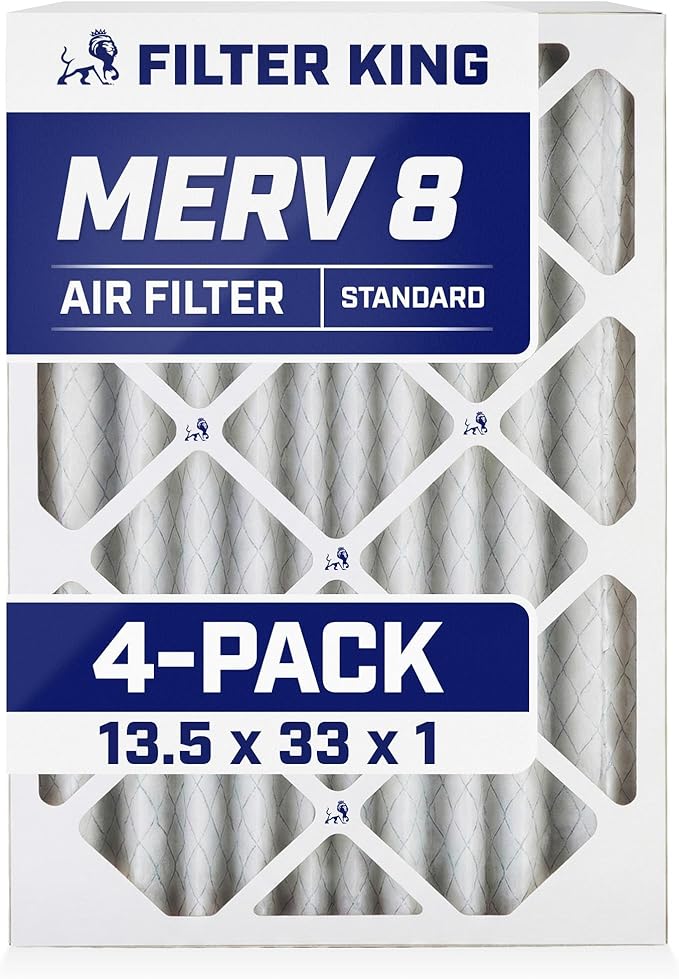 Filter King 13.5x33x1 Air Filter | 4-PACK | MERV 8 HVAC Pleated A/C Furnace Filters | MADE IN USA | Actual Size: 13.5 x 33 x .75"