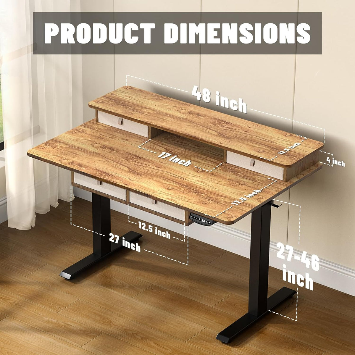 48 * 30 Inches Electric Standing Widened Desk Adjustable Height with 4 Drawers, Double Storage Shelves Stand Up Desk, Home Office Workstation Sit Stand up Desk (Light Rustic Brown)