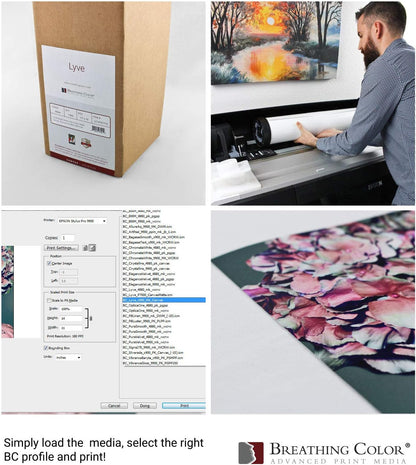 Premium Lyve Matte Canvas Paper Perfect for Use on Professional Makes and Models of Epson, Canon and HP Printers Preferred by Professionals. 19 mil Textured Canvas Offered in a 44 inch by 40 ft roll
