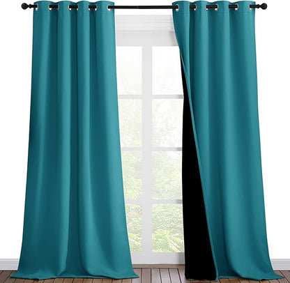 NICETOWN Peacock Teal Blackout Curtains 90 inches Long, Full Light Blocking Drapes with Black Liner for Nursery, Thermal Insulated Draperies for Hall, Villa (2 Pieces, 46" Wide Each Panel)
