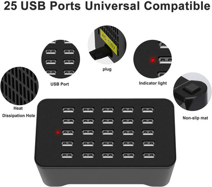 25 Ports USB Charger, 125W 25A Desktop USB Charging Station with iSmart Multiple Port, Compatible iPhone Xs Max XR X 8 7 Plus, iPad Pro Air Mini, Galaxy S9 S8 S7 Edge, Tablet and More (Black)