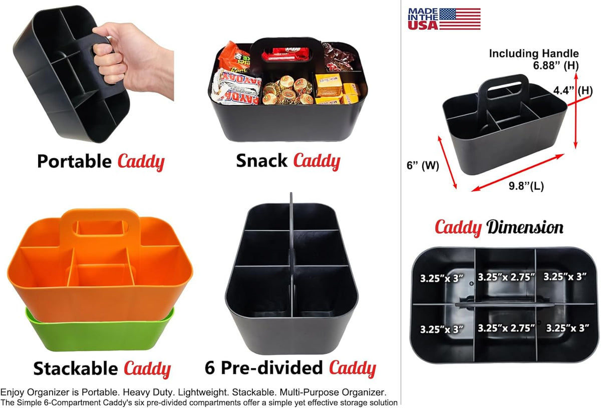 2 Pack Small 6 Compartment Multiuse Caddy Organizer with Handle Art Craft Supplies, Office, Desk, Stationery Pen Holder Stackable- Made In USA (Orange/Green)