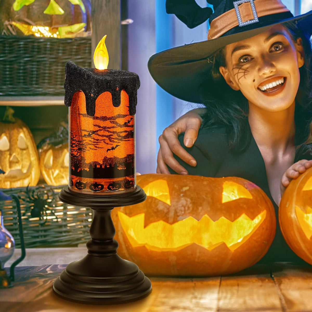 Halloween Snow Globe Candles Lighted Lamp, Lighted Flameless Candles with Water Glitter Swirls and Spooky Moving,Battery Operated