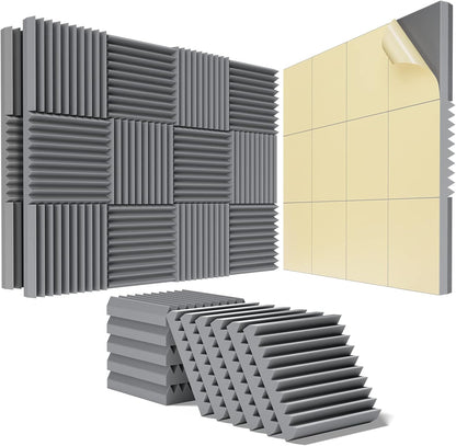 24 Pack Self-Adhesive Acoustic Panels - 2"X 12"X 12"Wall Panels - Quick-Recovery and High Density Sound Panels - Sound proof Acoustic Foam for Home Studio - Gray