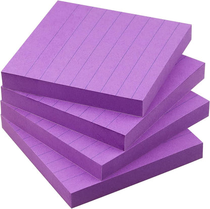 Lined Sticky Notes 3x3 Sticky Notes with Lines Self-Stick Notes Bright Color 4 Pads 90 Sheets/Pad (Purple)