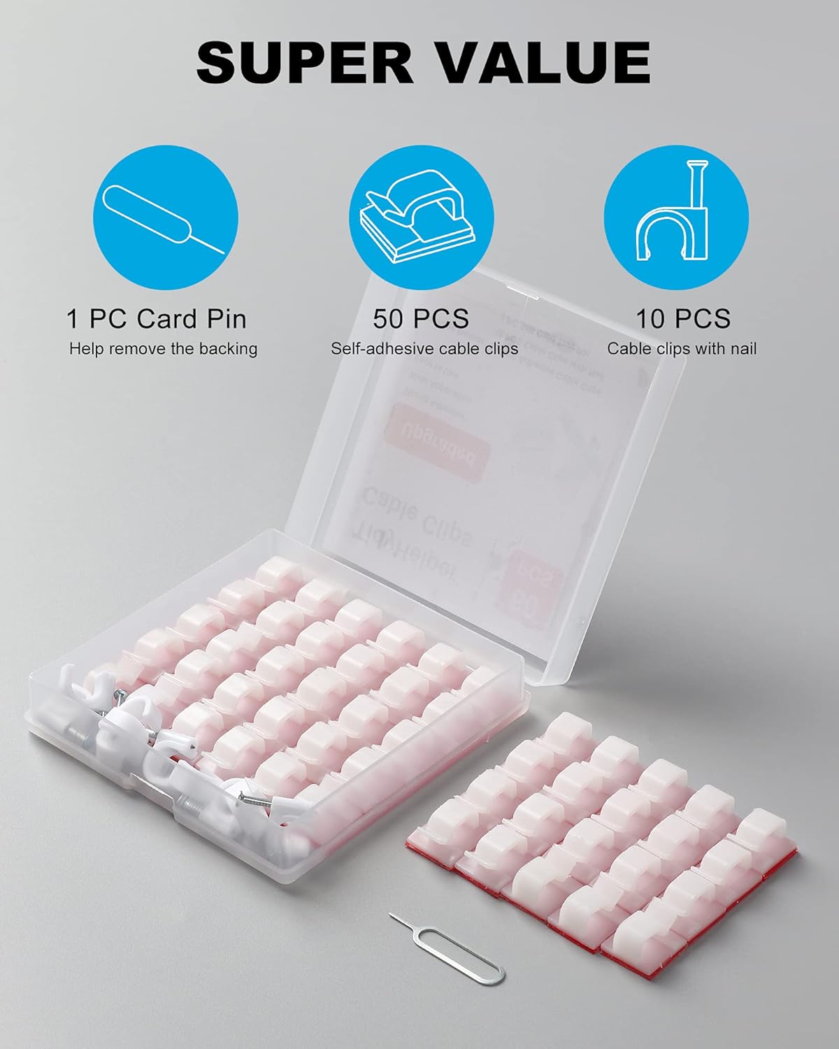 Adhesive Cable Clips White (60 PCS), Upgraded Wire Clips for Cable Management, Strong Cord Clips Wire Holders for The Wall, Under Desk, Led Strip, Electric Wires, Ethernet Cable Clips_Small