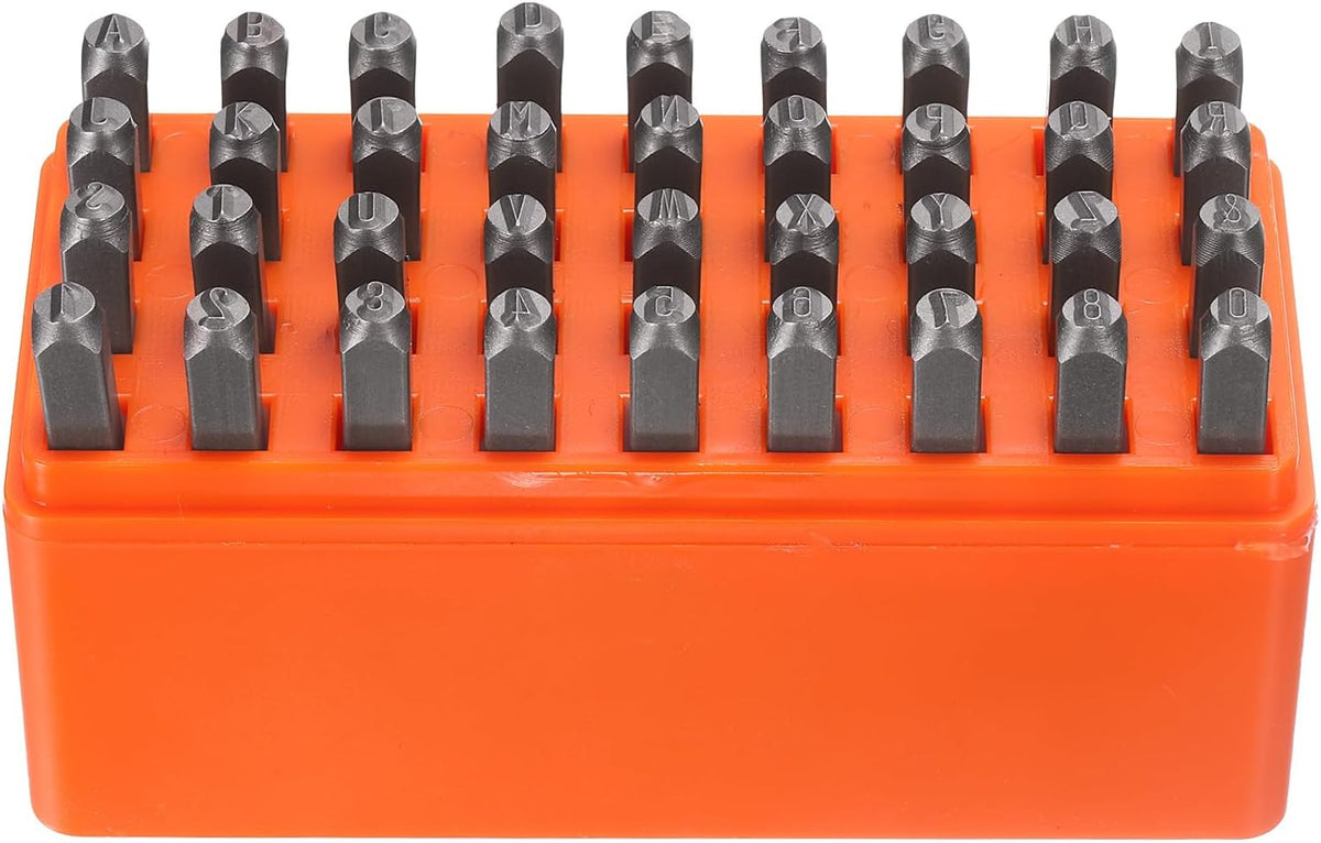 HARFINGTON 36pcs Metal Stamping Kit 5/32" (4mm) Steel Uppercase Letter and Number Punch Set (A-Z / 0-8 / "&" Symbol) Punch Press Tool with Case for Imprinting Metal Plastic Wood Leather