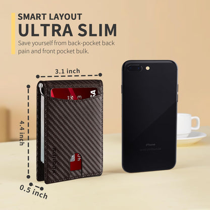 Slim Money Clip Wallets for Men RFID Blocking 11 Card Holder Minimalist Small Thin Carbon Leather Bifold Mens Front Pocket Wallet Gift Box