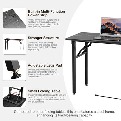 TEMI Small Computer Desk Folding Table - No Assembly, Compact 55.1" Foldable Desk with Power Outlets & USB Charging Port, Portable Small Office Desk, Ideal Mini Study Table, Marble Greige
