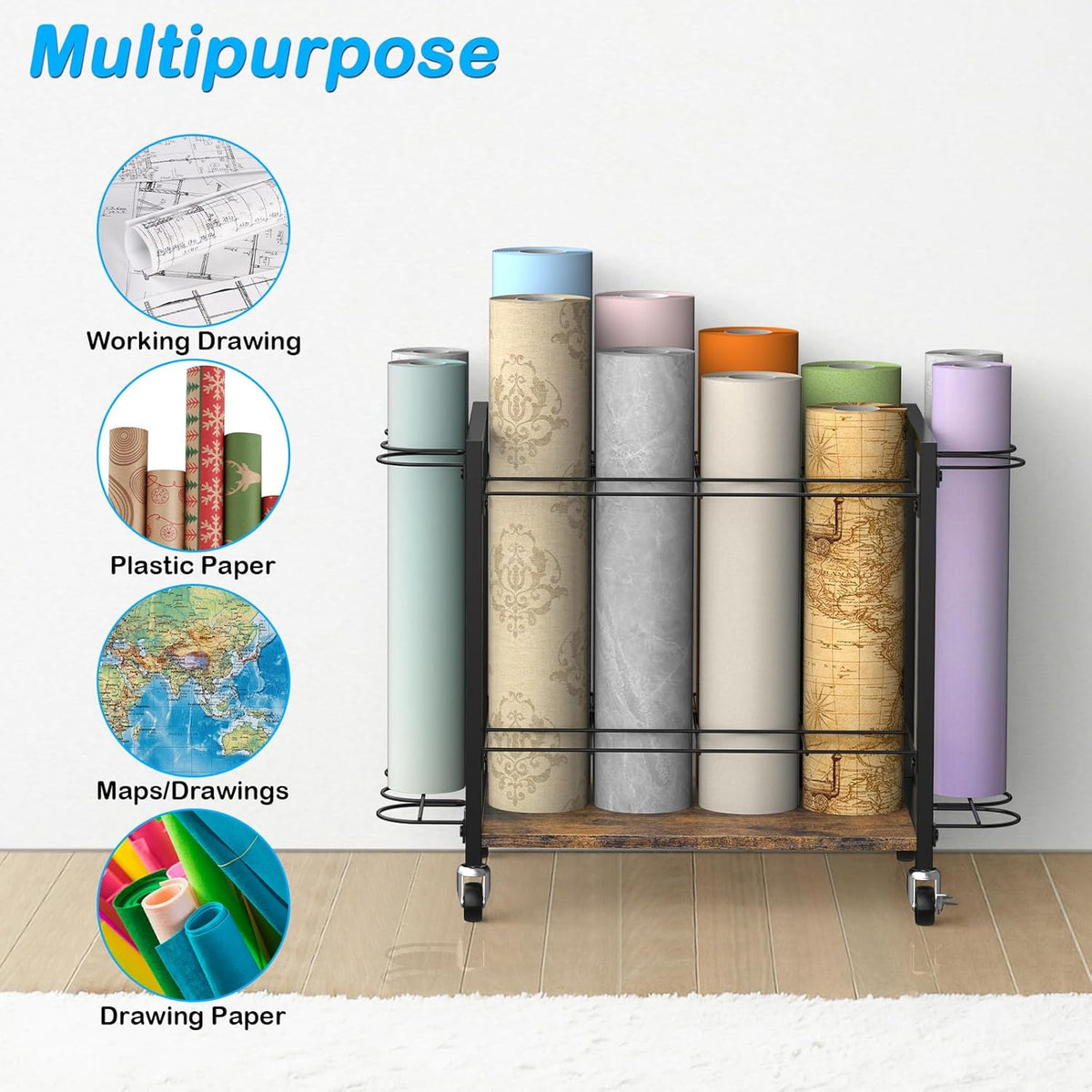 Blueprint Storage Rack Cart,18 Slots Blueprint Holder with Wheels,Used for Wrapping Paper Storage,Gift Wrapping Organizer Storage,Organizing Posters, Architectural Plans and Artwork Stably(Brown)
