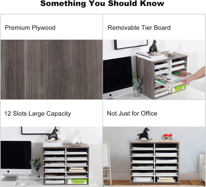 TQVAI Wood Adjustable Literature Organizer Desktop File Sorter Mail Center Paper Storage Cabinet Home & Office Mailbox School Classroom Keepers, 12 Slots Compartments, Retro Grey/White